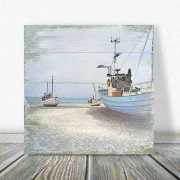 Maritimes Wandbild Fischerboote im Shabby Chic als Holzdruck