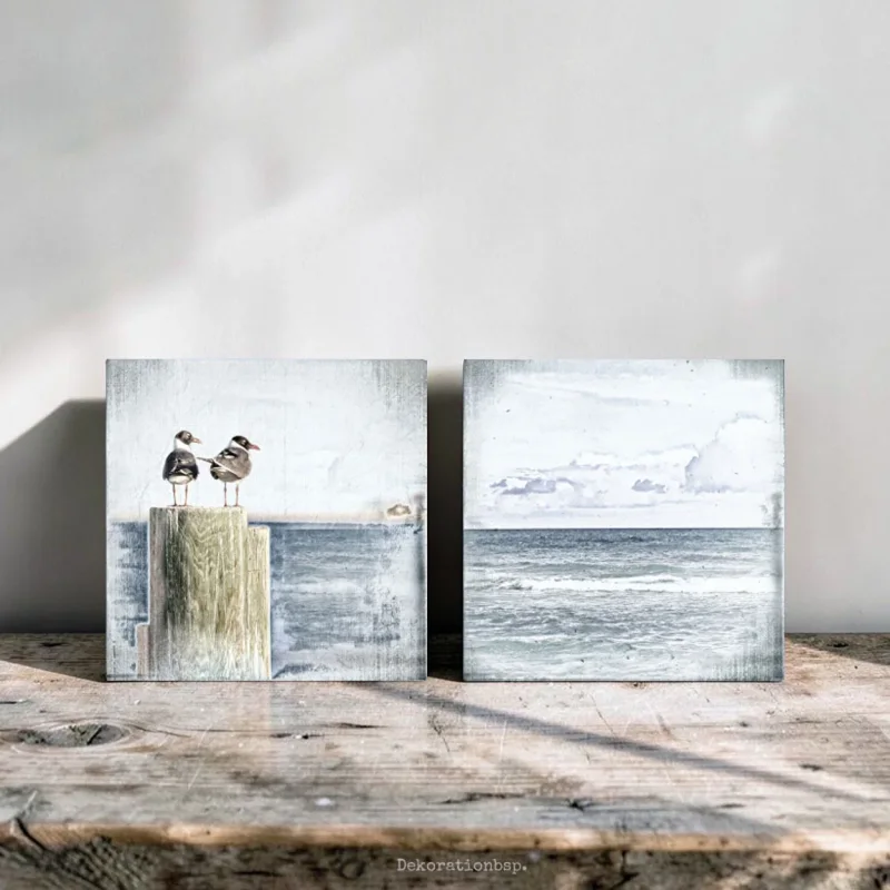 Meerweh, Möwenduo 2er Set Wandbilder im Shabby Landhausstil