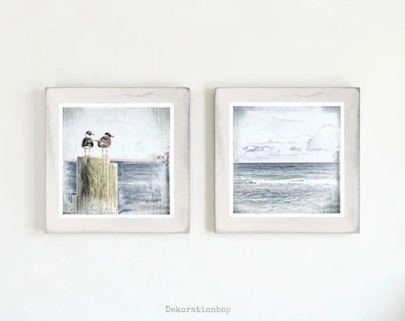 Meerweh, Möwenduo 2er Set Wandbilder im Shabby Landhausstil