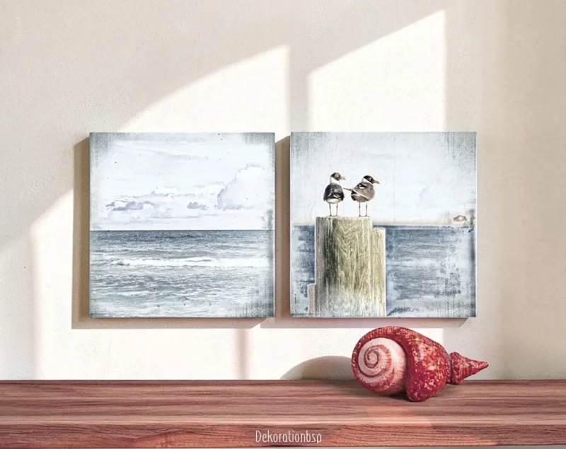 Meerweh, Möwenduo 2er Set Wandbilder im Shabby Landhausstil