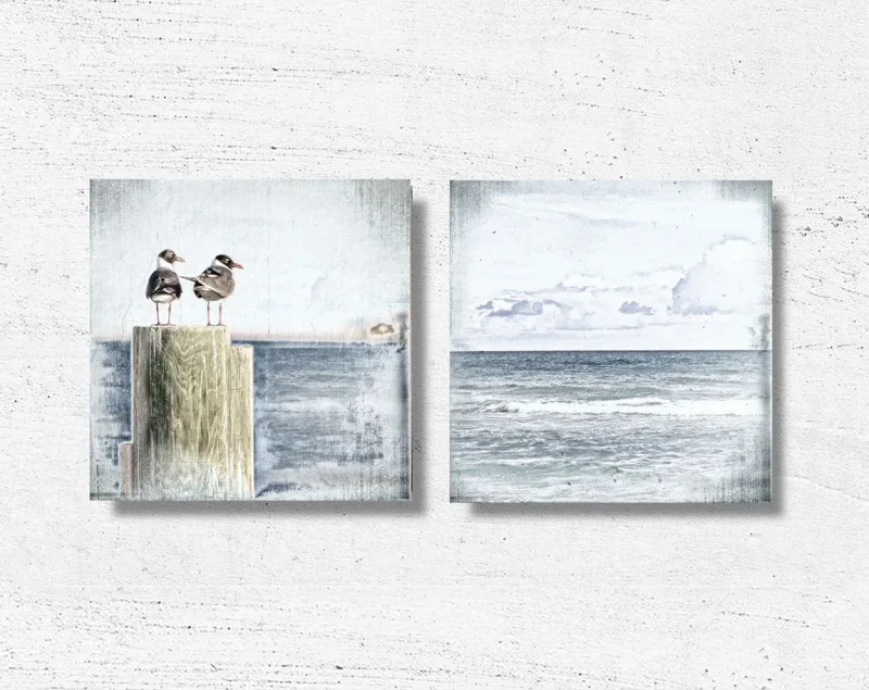 Meerweh, Möwenduo 2er Set Wandbilder im Shabby Landhausstil