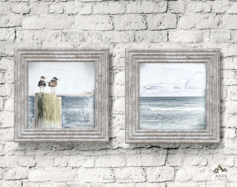 Meerweh, Möwenduo 2er Set Wandbilder im Shabby Landhausstil