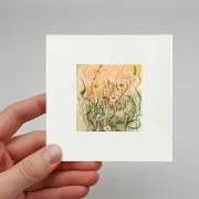 Miniatur, Kunstdruck nach handgemaltem Aquarell, Blumenwiese gelbe Blumen