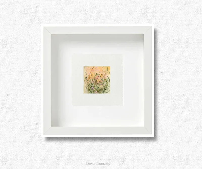 Miniatur, Kunstdruck nach handgemaltem Aquarell, Blumenwiese gelbe Blumen