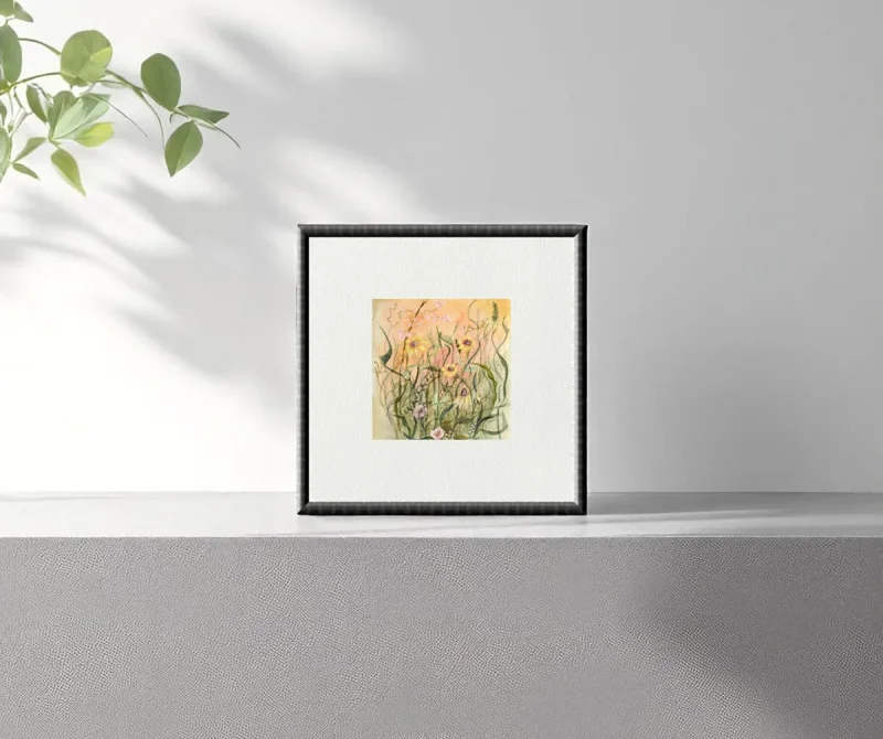 Miniatur, Kunstdruck nach handgemaltem Aquarell, Blumenwiese gelbe Blumen