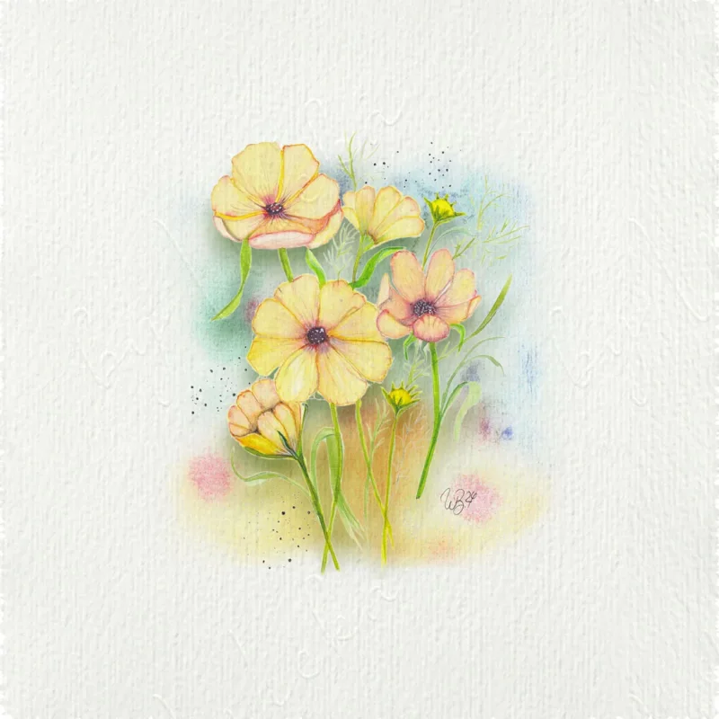 Wandbild BLUMEN in Gelb - Miniatur, Aquarell Kunstdruck auf Büttenpapier