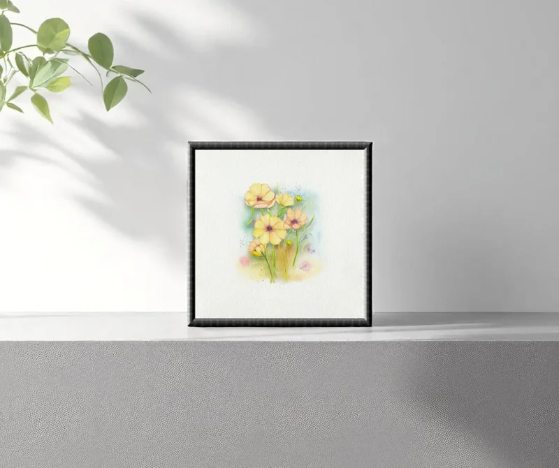 Miniatur, Kunstdruck nach handgemaltem Aquarell, Gelbe Blumen