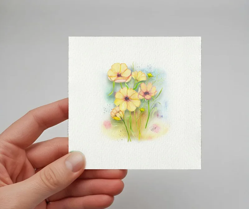 Miniatur, Kunstdruck nach handgemaltem Aquarell, Gelbe Blumen