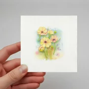 Miniatur, Kunstdruck nach handgemaltem Aquarell, Gelbe Blumen