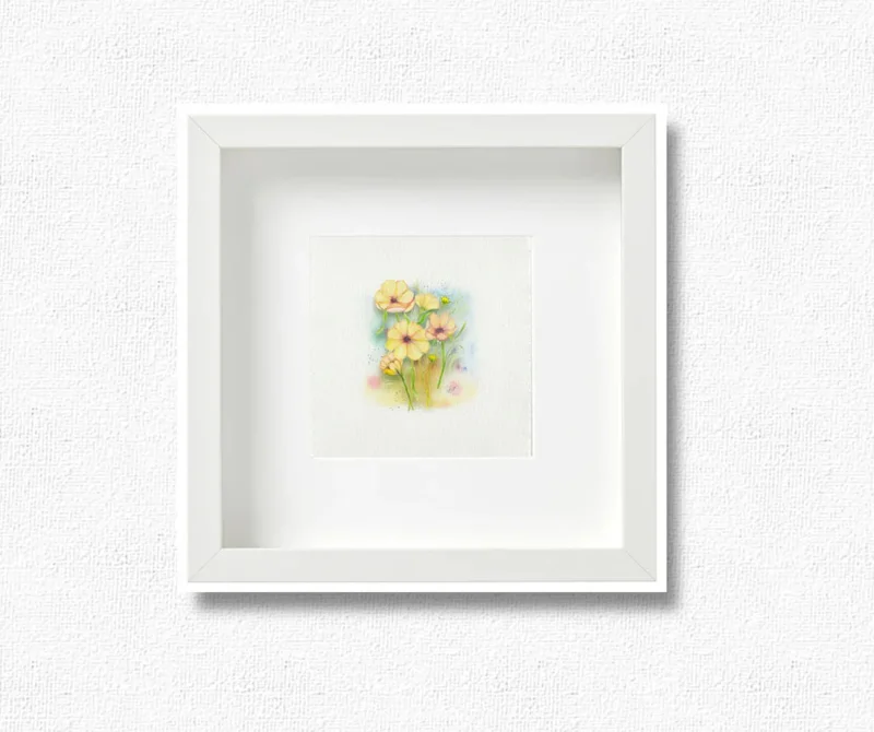 Miniatur, Kunstdruck nach handgemaltem Aquarell, Gelbe Blumen