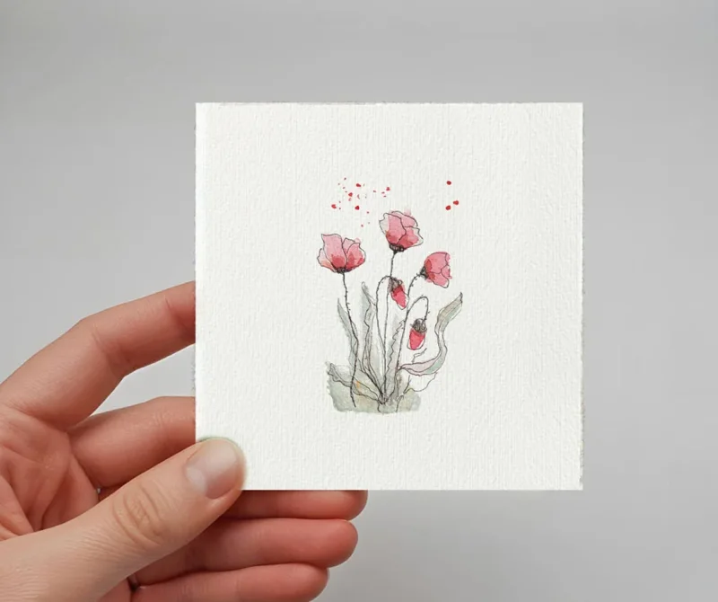 Wandbild Kunstdruck nach handgemaltem Aquarell, rote Mohnblumen als Miniatur auf Büttenpapier