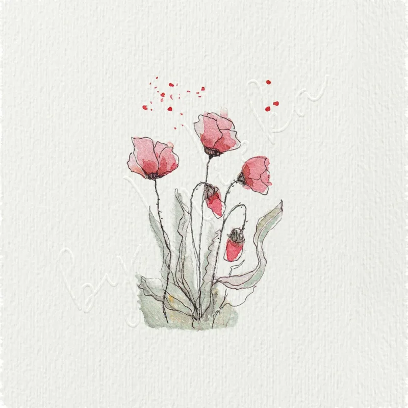 Kunstdruck nach handgemaltem Aquarell, rote Mohnblumen als Miniatur auf Büttenpapier