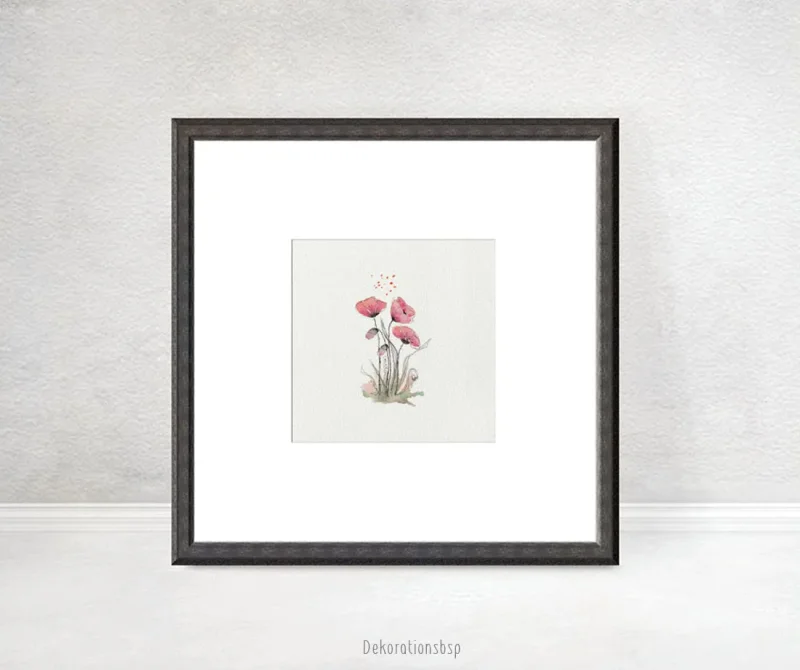 Rote Mohnblumen, Miniatur, Kunstdruck nach handgemaltem Aquarell im Landhausstil