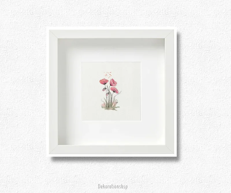 Rote Mohnblumen, Miniatur, Kunstdruck nach handgemaltem Aquarell im Landhausstil