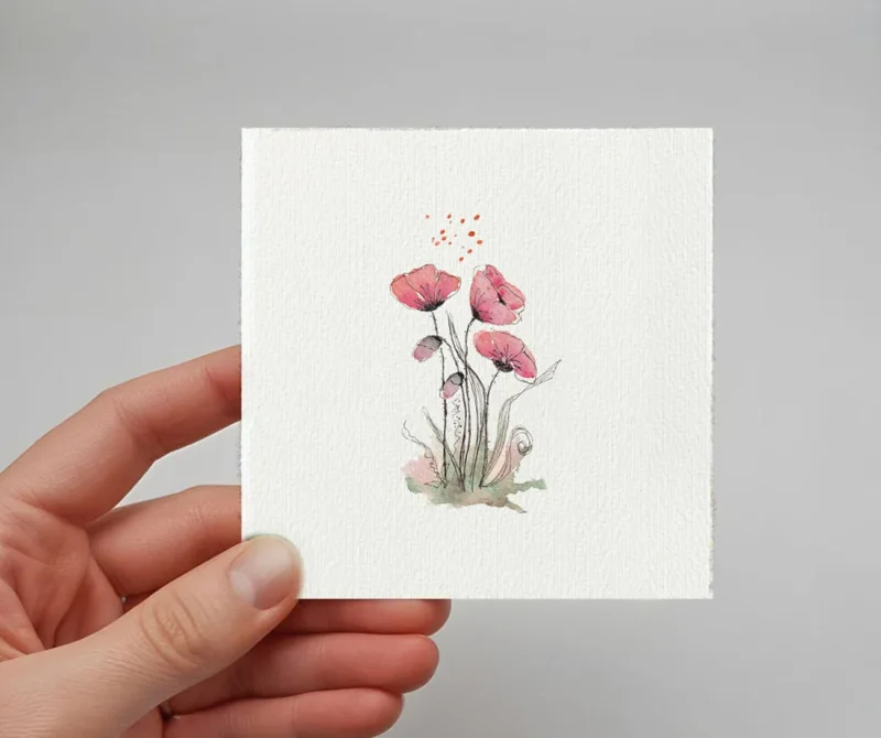 Rote Mohnblumen, Miniatur, Kunstdruck nach handgemaltem Aquarell im Landhausstil