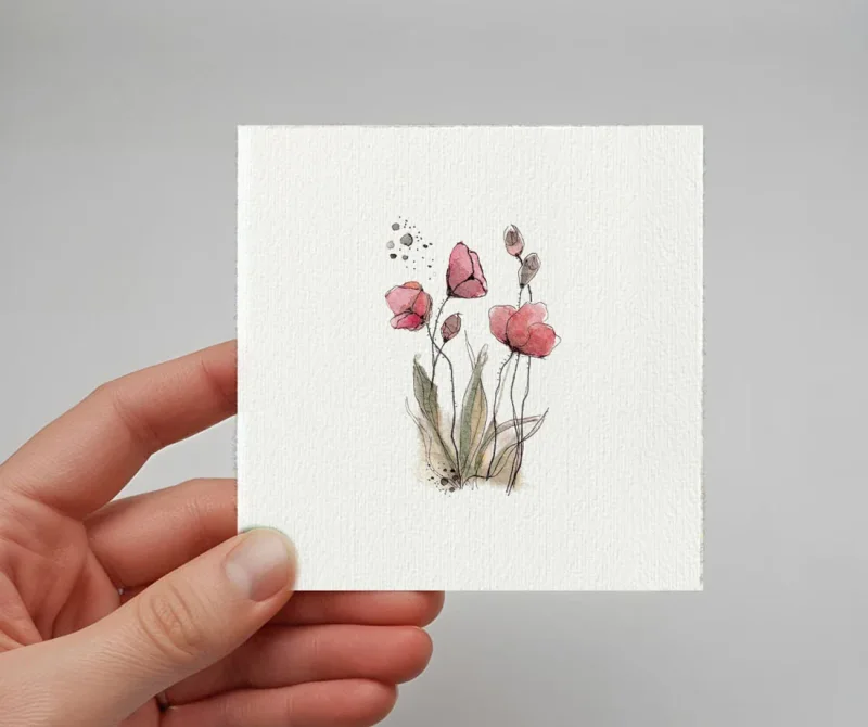 Miniatur Kunstdruck, Aquarell, Wandbild Rote Mohnblumen 02