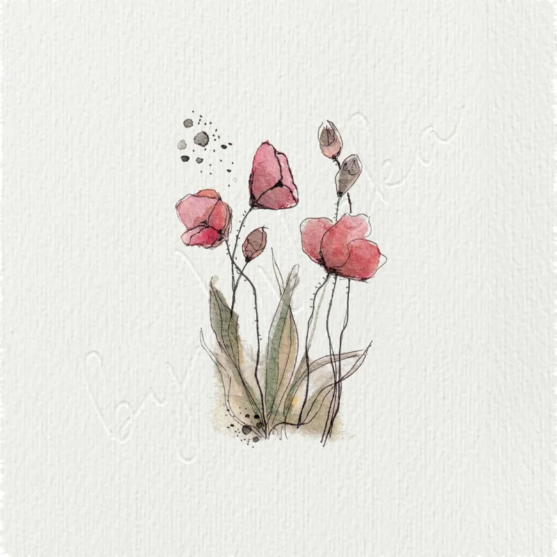 Miniatur Kunstdruck, Aquarell, Wandbild Rote Mohnblumen 02