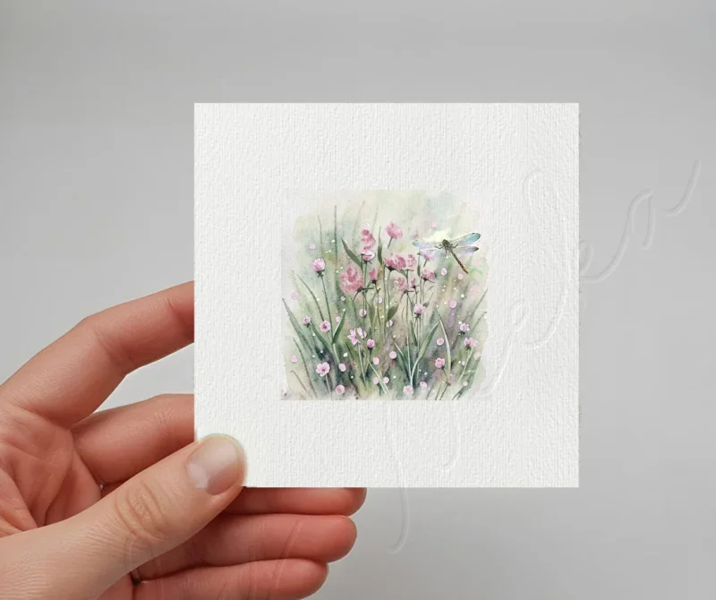 Libelle auf Blumenwiese - Miniatur, Wandbild Aquarell Kunstdruck auf Büttenpapier