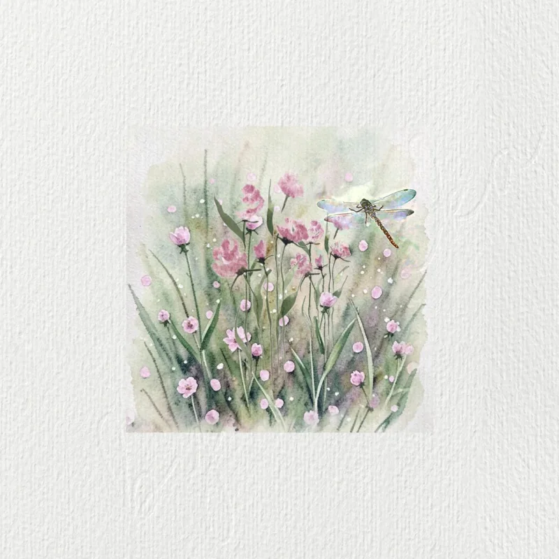 Libelle auf Blumenwiese - Miniatur, Wandbild Aquarell Kunstdruck auf Büttenpapier