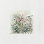 Libelle auf Blumenwiese - Miniatur, Wandbild Aquarell Kunstdruck auf Büttenpapier