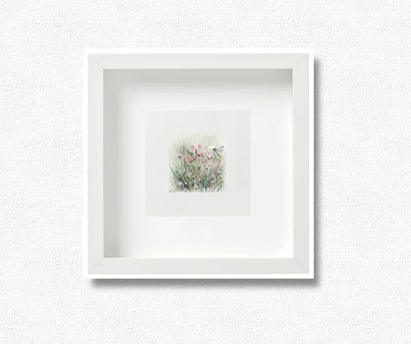 Libelle auf Blumenwiese - Miniatur, Wandbild Aquarell Kunstdruck auf Büttenpapier