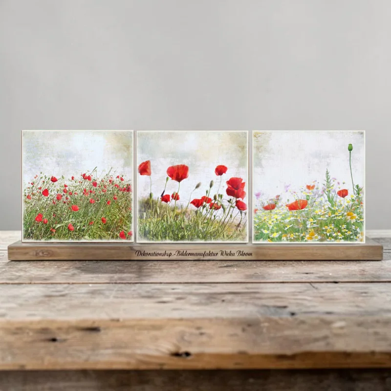 Mohnblumen, Set im Shabby Landhausstil als Holzdruck Holzblock