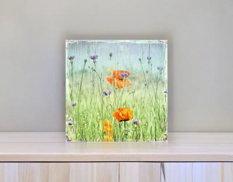 Holzdruck Mohnblumen & Kornblumen, Wandbild im Shabby Landhausstil 