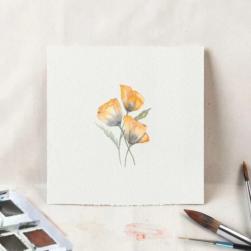 Gelbe Mohnblumen, Miniatur, Kunstdruck nach handgemaltem Aquarell im Landhausstil
