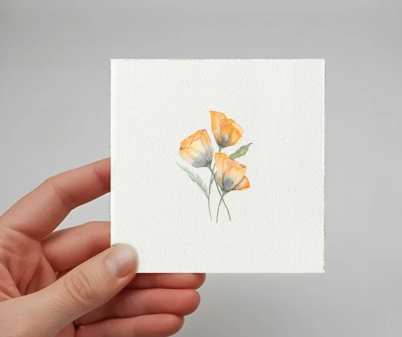Gelbe Mohnblumen, Miniatur, Kunstdruck nach handgemaltem Aquarell im Landhausstil