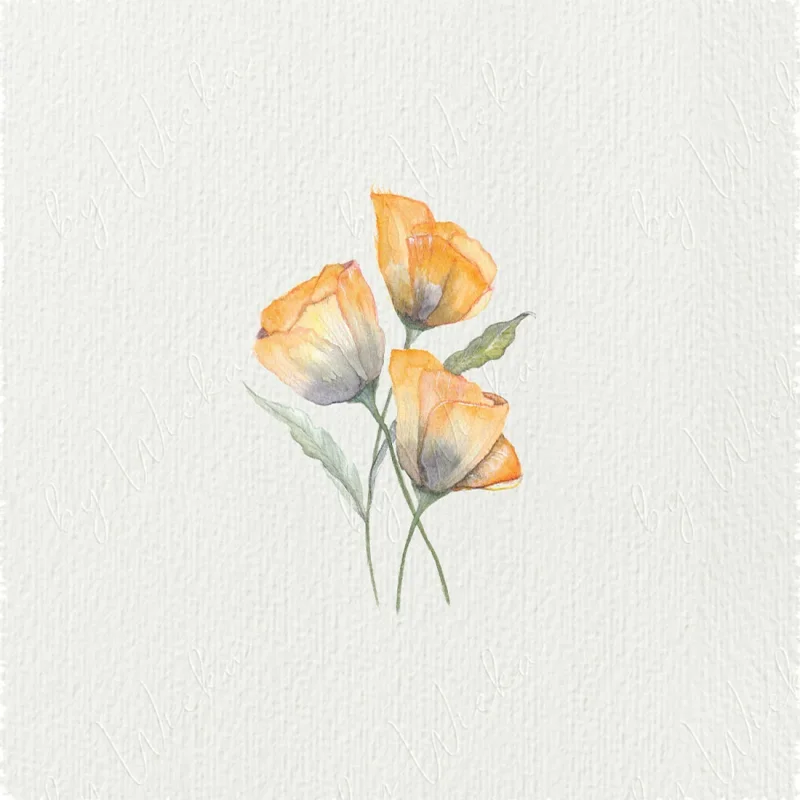 Gelbe Mohnblumen, Miniatur, Kunstdruck nach handgemaltem Aquarell im Landhausstil
