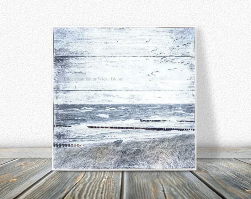 Küstenansicht Ostsee Darß - Maritimes Wandbild im Shabby Chic, Landhausstil als Holzdruck