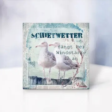 Schietwetter Möwen, Maritimes Wandbild mit Spruch im Shabby Chic