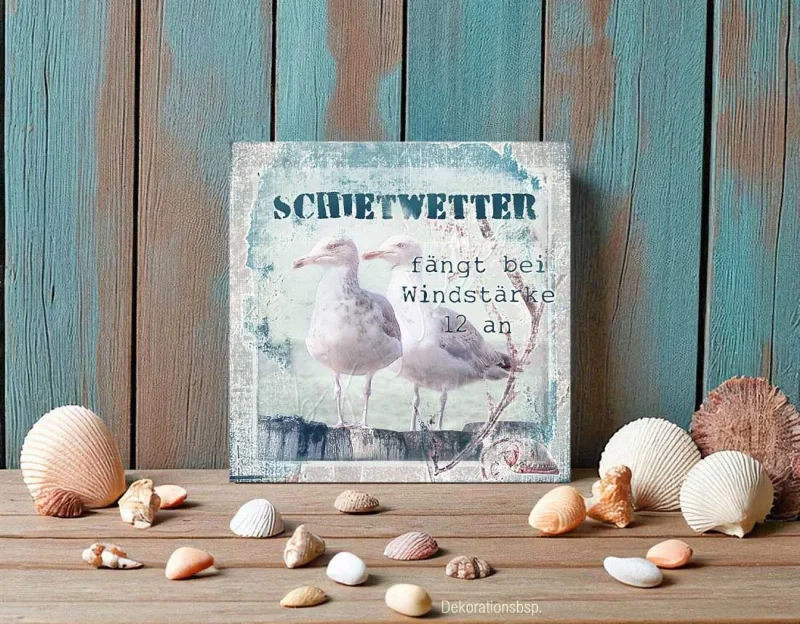Holzdruck, Möwen, Maritimes Wandbild mit lustigem Spruch im Shabby Chic, Landhausstil