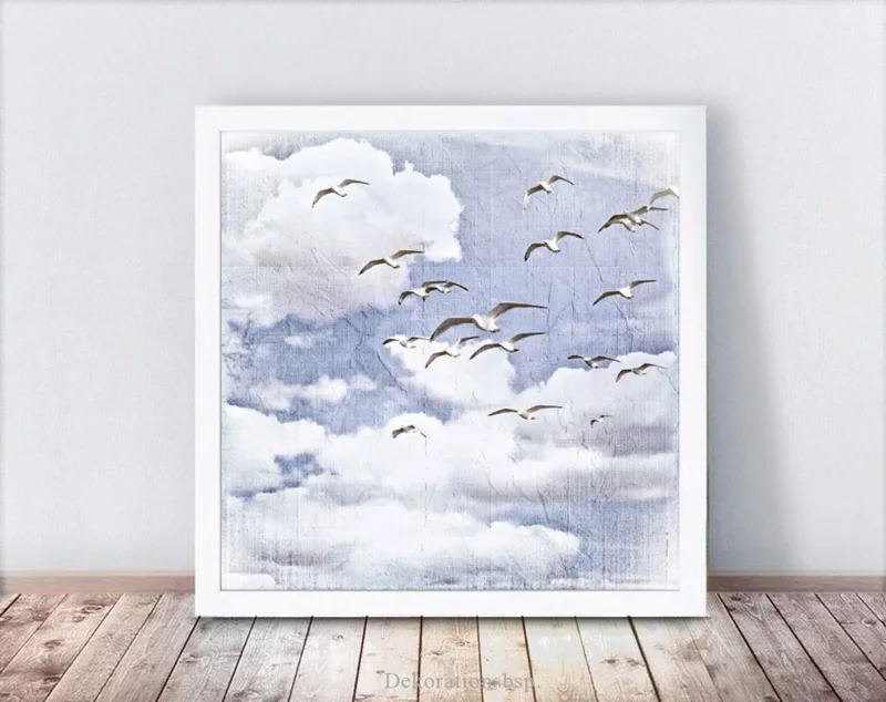 Möwen, Maritimes Wandbild im Shabby Chic, Landhausstil, gerahmt