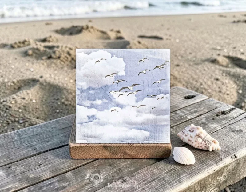 Möwen, Maritimes Wandbild im Shabby Chic, Landhausstil, Holzdruck