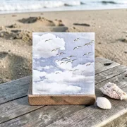 Möwen, Maritimes Wandbild im Shabby Chic, Landhausstil, Holzdruck