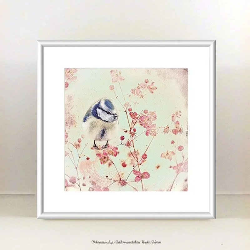 Wandbild Blaumeise, Vogel im Shabby Chic Landhausstil
