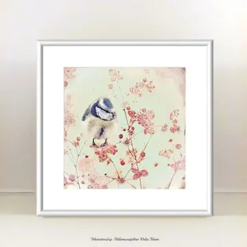 Wandbild - Blaumeise auf Blüten in Pastell, Landhausstil