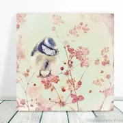 Wandbild, kleiner Vogel, Blaumeise auf Blüten, Holzdruck im Landhausstil