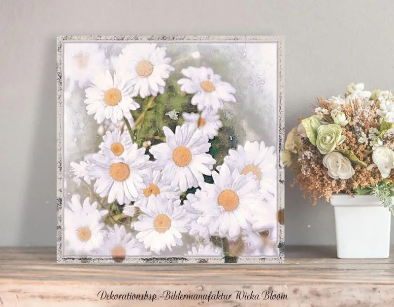 Wandbild Blumen Gänseblümchen im Vintage Style, Shabby Chic, Landhausstilals Holzdruck