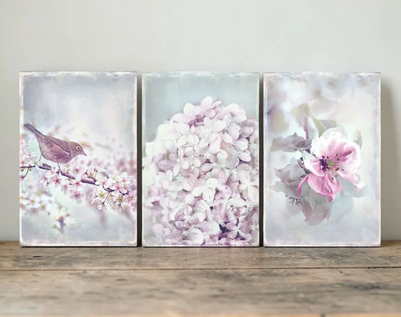 Holzdruck, Set Wandbild Blumen & Vogel im romantischen Shabby Chic, Landhausstil kaufen