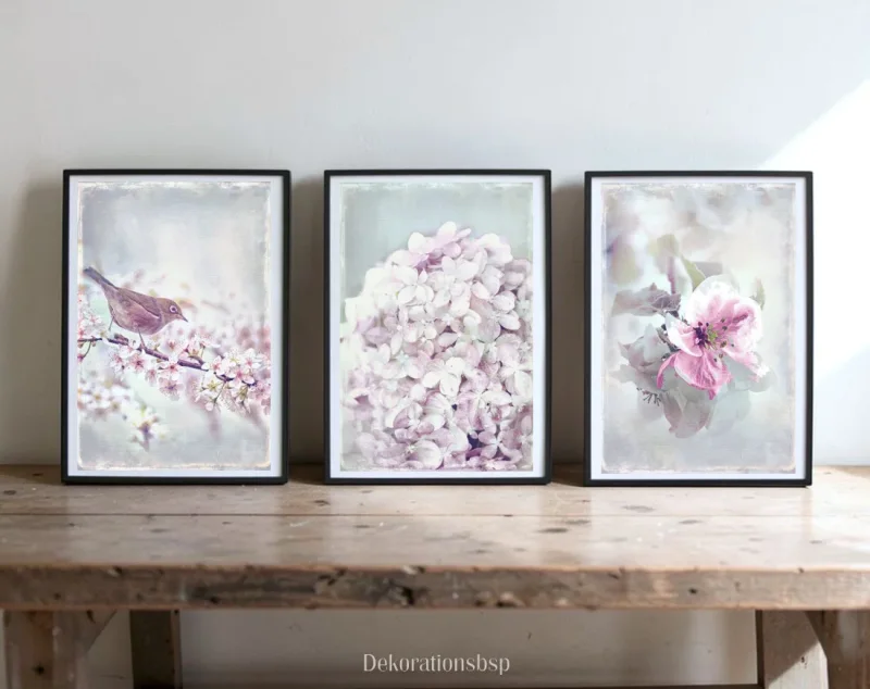 Kunstdruck, Set Wandbild Blumen & Vogel im romantischen Shabby Chic, Landhausstil kaufen
