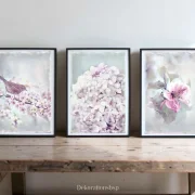 Kunstdruck, Set Wandbild Blumen & Vogel im romantischen Shabby Chic, Landhausstil kaufen