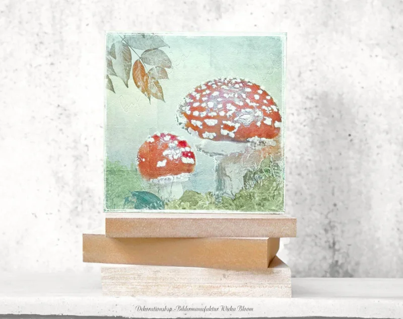 Fliegenpilze, Wandbild Waldfrüchte im Vintage Style, Landhausstil  auf Holz