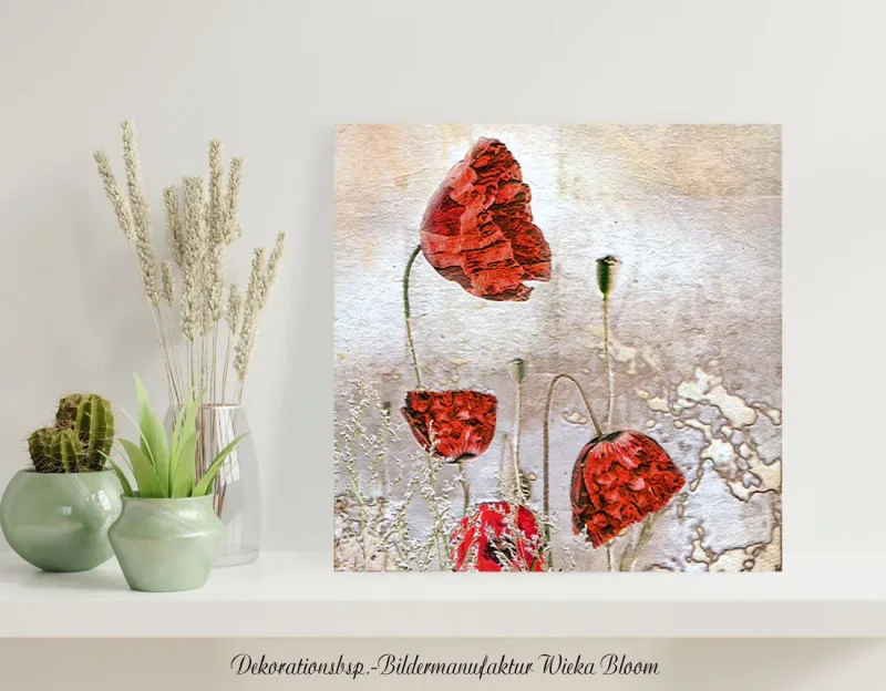 Holzdruck Vintage Mohnblumen, Wandbild im Vintage Style, Shabby Chic, Landhausstil,