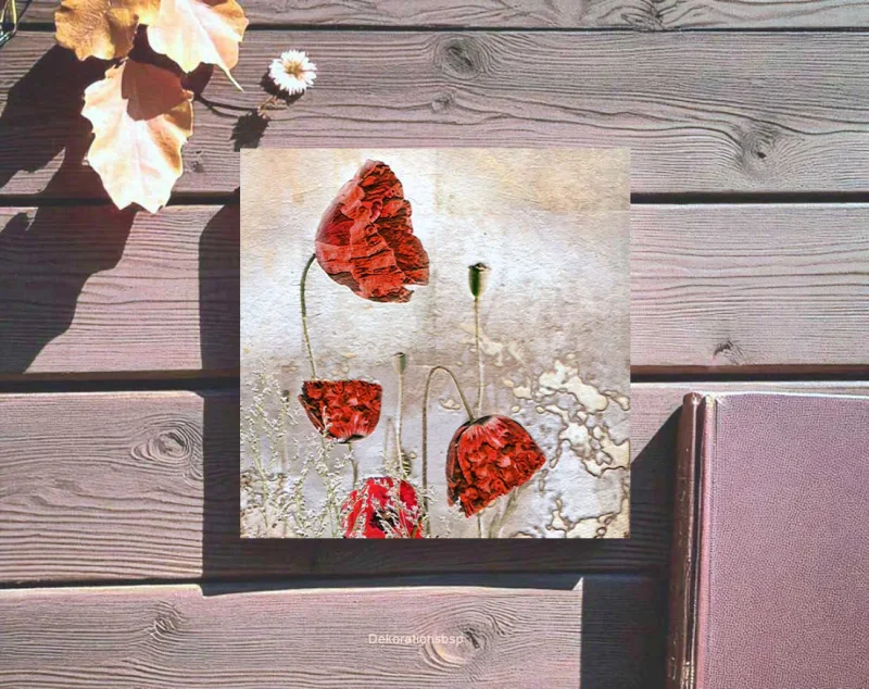 Holzdruck Vintage Mohnblumen, Wandbild im Vintage Style, Shabby Chic, Landhausstil,
