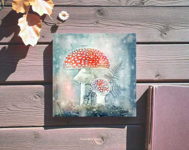 Fliegenpilze, Wandbild als Holzdruck im Landhausstil, Shabby-Chic, Vintage Style günstig kaufen