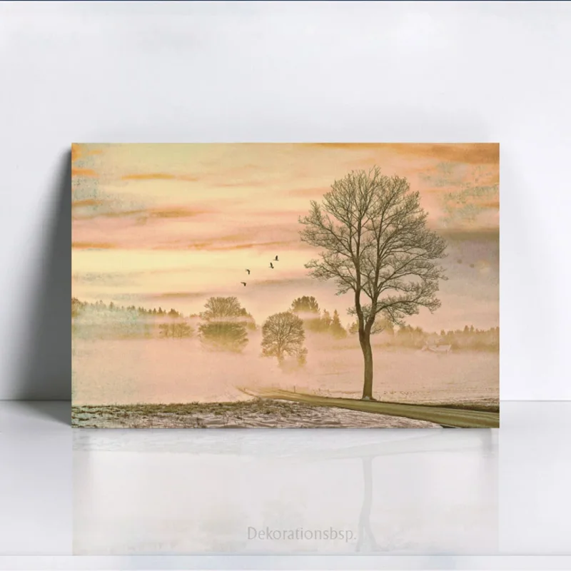 Landschaft im Nebel, Wandbild Herbstzeit im Shabby Chic Landhausstil