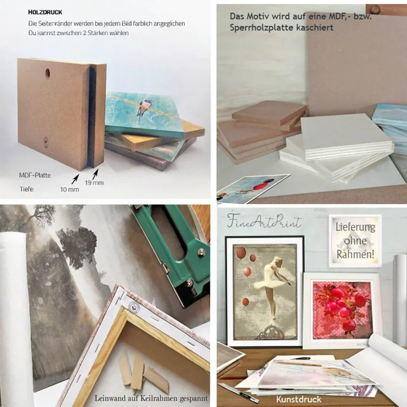 3 Produktvarianten. Holzdruck, Leinwanddruck, Kunstdruck