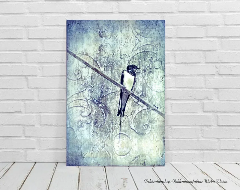 Schwalbe, Vogel, Wandbild im Shabby-Chic, Landhausstil, Vintage Style als Leinwandbild kaufen